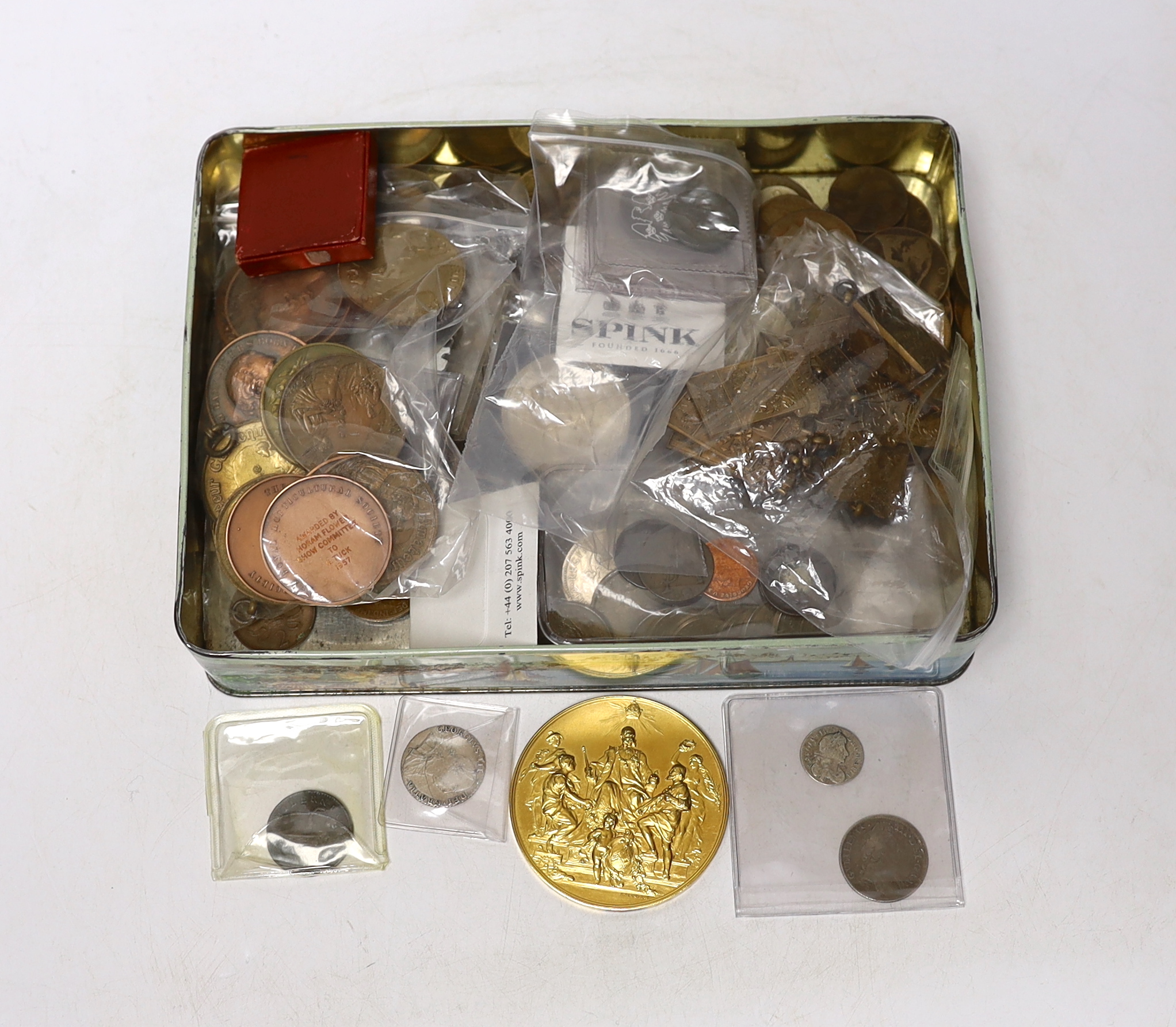 A collection of British coins including Charles II four pence 1680, William III shilling 1696, George III shilling 1787, various pennies, commemorative medals including Franz Joseph I 40th anniversary of his reign